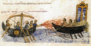 Fuoco greco lanciato dai Bizantini su navi nemiche