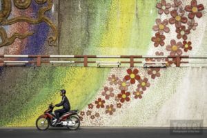 Motociclista ad Hanoi con sfondo di fiori dipinti su muro di Paul Sansome