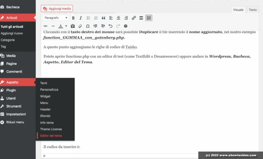 Editor Theme da Menu "Aspetto" di WordPress