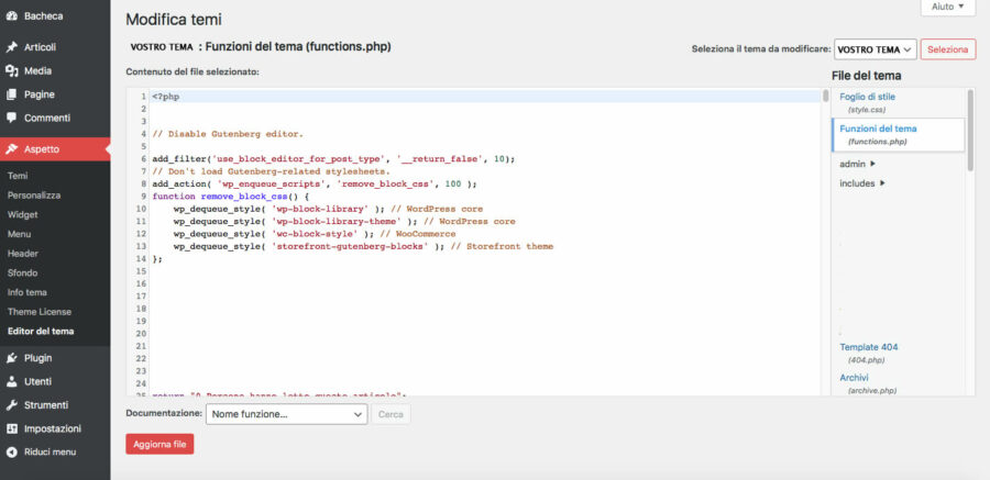 Come editare functions.php dall'Editor di Tema di WordPress