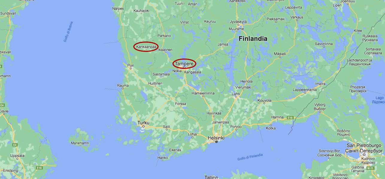 Mappa della Finlandia con Kankaanpää e Tampere