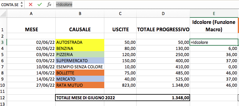 Excel Idcolore in barra funzione per ricavare informazione numerica del colore di sfondo