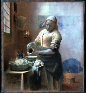 Johannes Vermeer Mostra 2023 Rijksmuseum immagine in falsi colori con lunghezza d’onda infrarosso SWIR del dipinto La lattaia