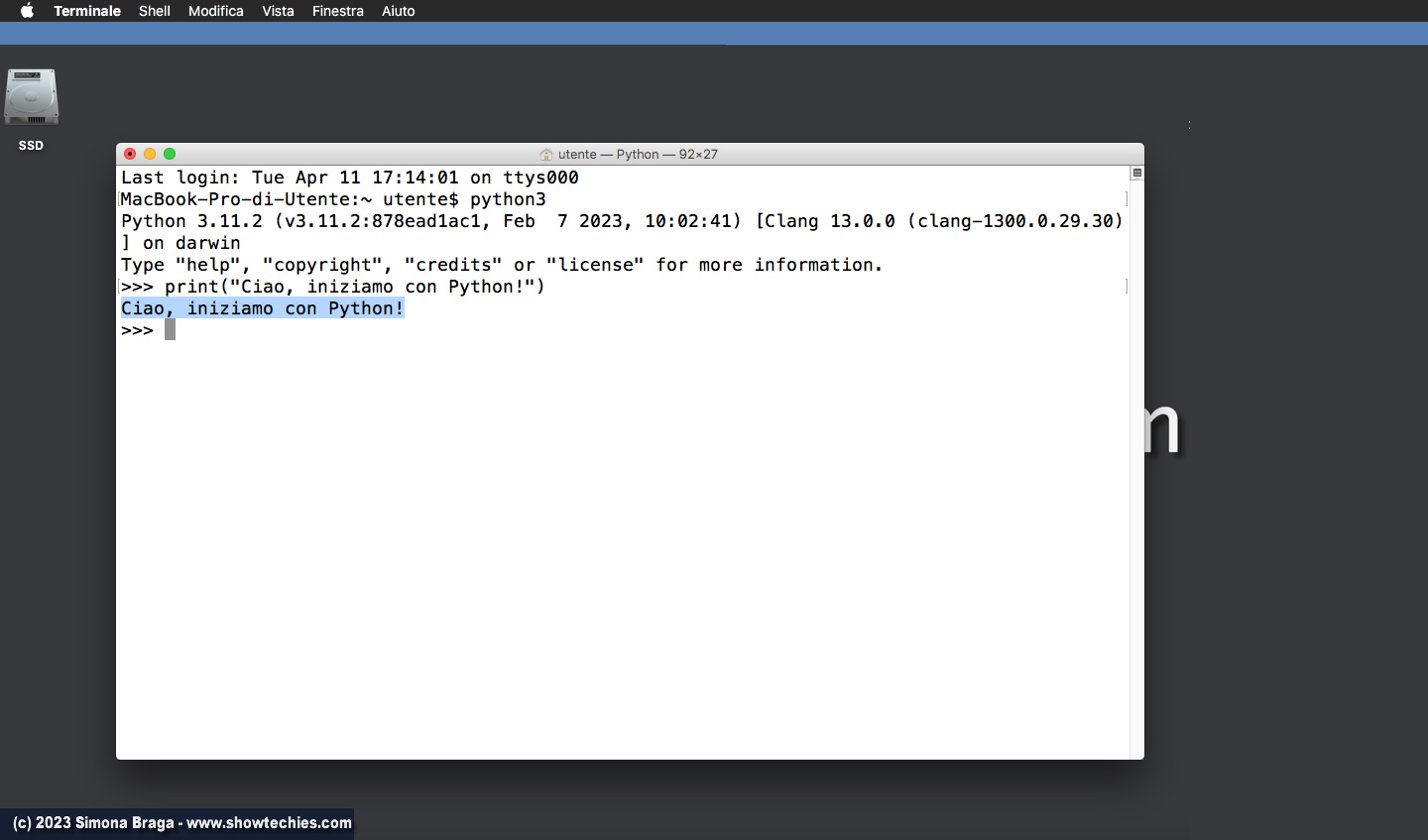 Comando print di Python eseguito direttamente a linea di comando di Terminale 