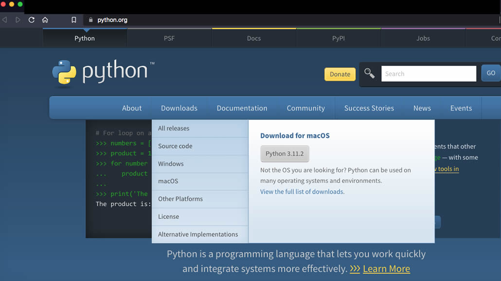 Sito web di Python per download