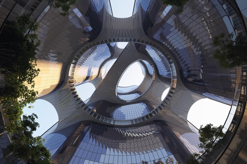 ZHA Wuhan Taikang Financial Center vista dalla piazza centrale verso l’alto delle torri