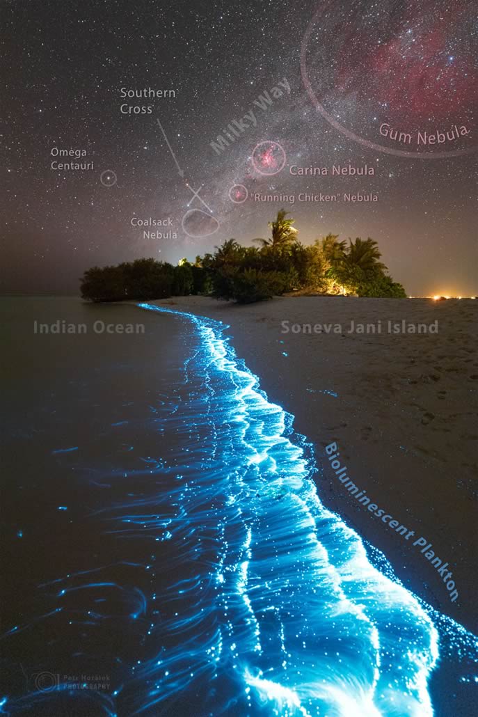 Infrangersi delle onde lungo le coste delle Maldive con la Stella del sud visibile in cielo. con sovrapposizione dei nomi oggetti celesti