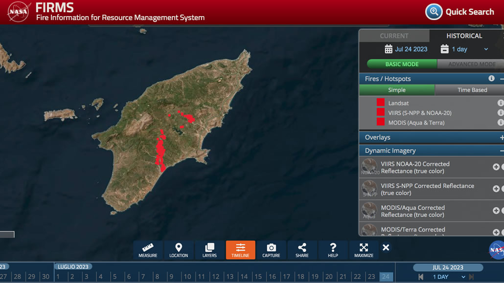 Mappa NASA FIRMS Fire Information for Resource Management System incendi Rodi 24 luglio 2023