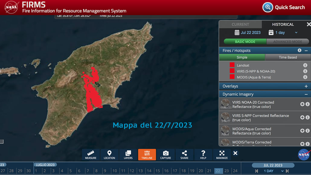 Mappa NASA FIRMS Fire Information for Resource Management System incendi Rodi 22 luglio 2023