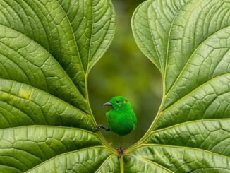 BPoty Glistening Green uccello verde smeraldo in mezzo a foglia palmata verde