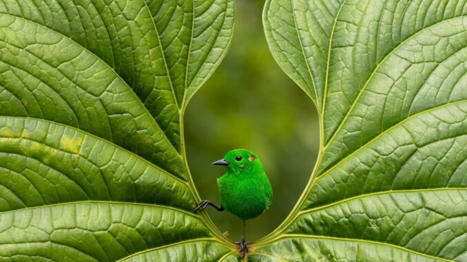 BPoty Glistening Green uccello verde smeraldo in mezzo a foglia palmata verde