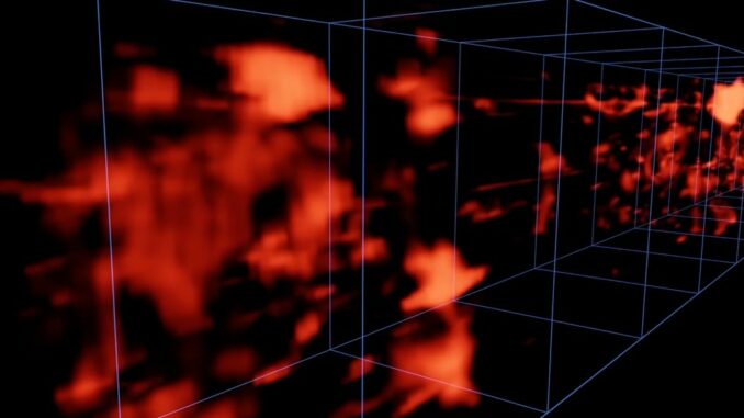 Simulazione grafica rete cosmica a circa 10,5 miliardi di anni luce di distanza. Il volume qui raffigurato si estende su un'area di 2,3 per 3,2 milioni di anni luce e si estende su una profondità di 600 milioni di anni luce (50 milioni per segmento).