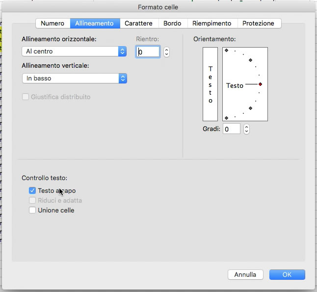 Formato Celle – Testo – Allineamento – Flag su più righe