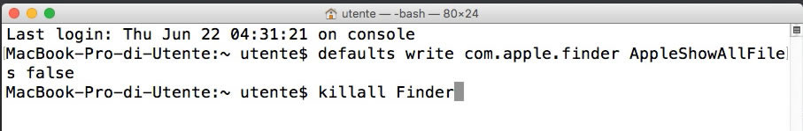 Terminale Mac come nascondere la visualizzazione dei file di sistema e riavviare il Finder