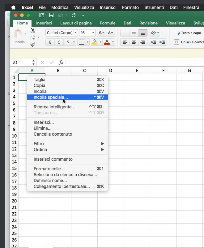 Apriamo Excel. File Excel File Nuovo Incolla Speciale