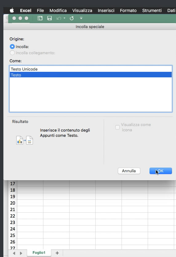Excel Incolla Speciale Testo