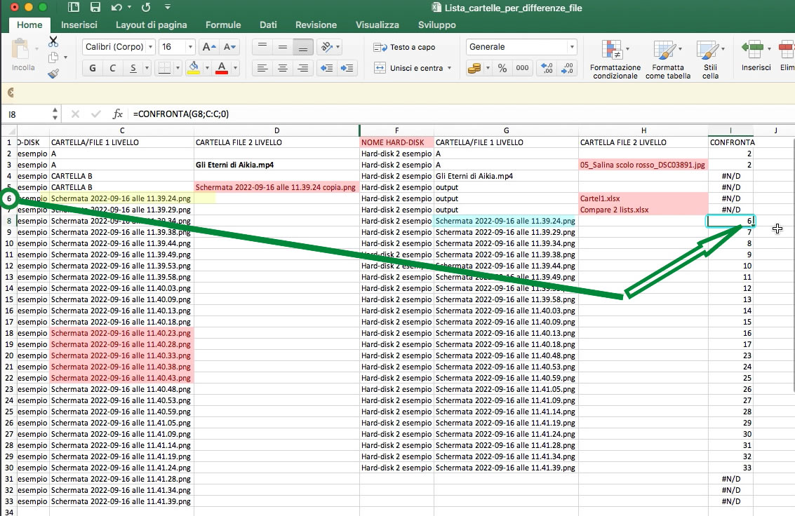 Il file Schermata 2022-09-16 alle 11.39.24.png in G (cartella Hard-disk 2 esempio) è in posizione 6 nella Colonna C 