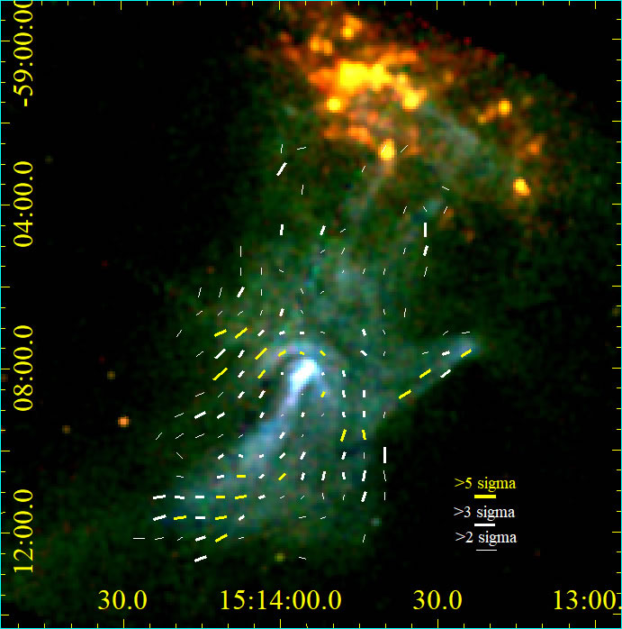 Immagine Chandra a 3 colori di MSH 15-52 con vettori IXPE sovrapposti.