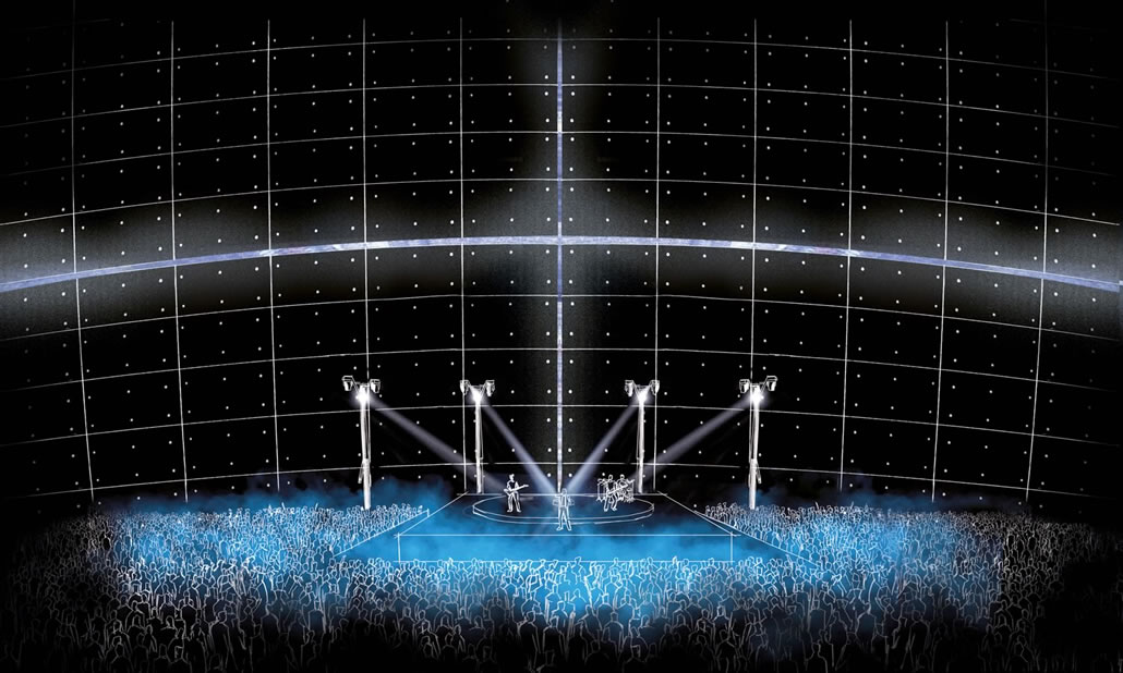 Sketch luci torri, palco e schermi LED sullo sfondo