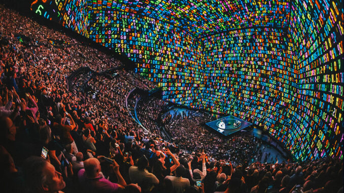 Proiezioni e palco con pubblico a bocca aperta che guarda l’esosfera illuminata