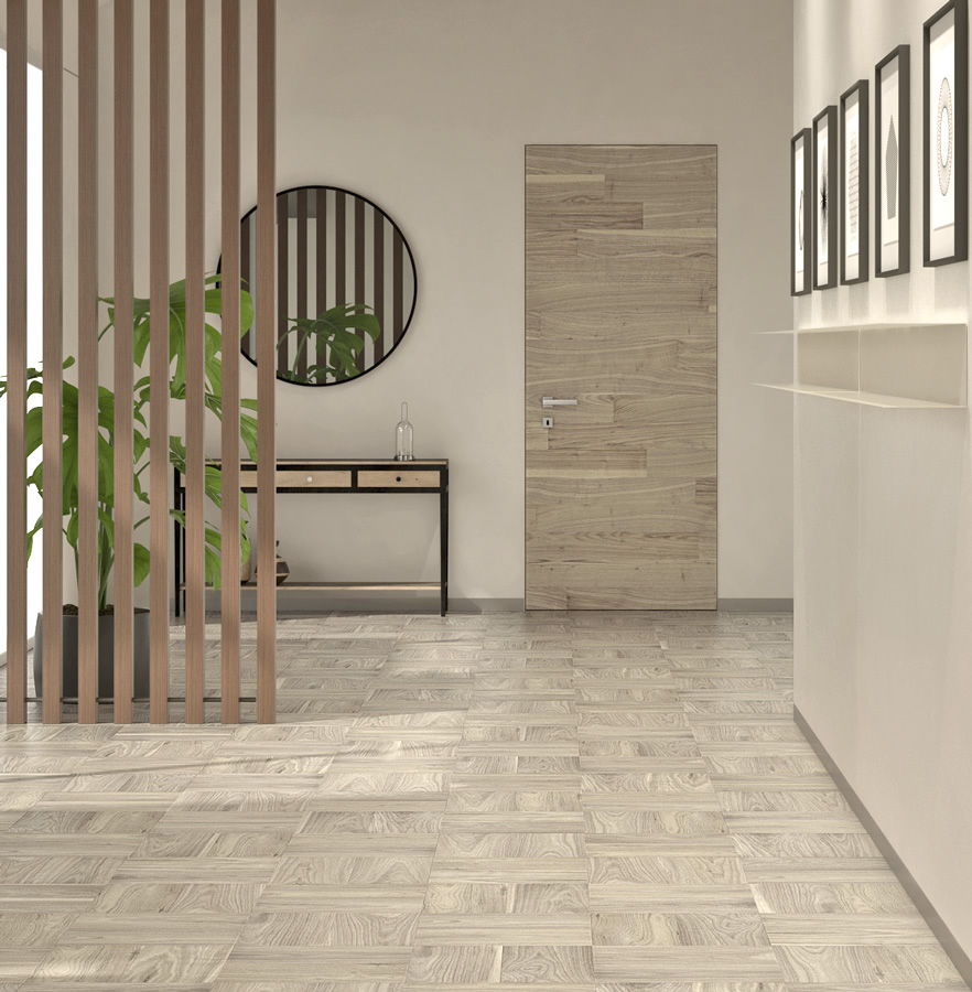 Parquet, elementi di separazione verticali e porta in noce americano spazzolato sbiancato