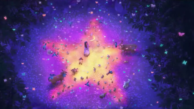 Asha al centro di una stella illuminata circondata da un volo di farfalle