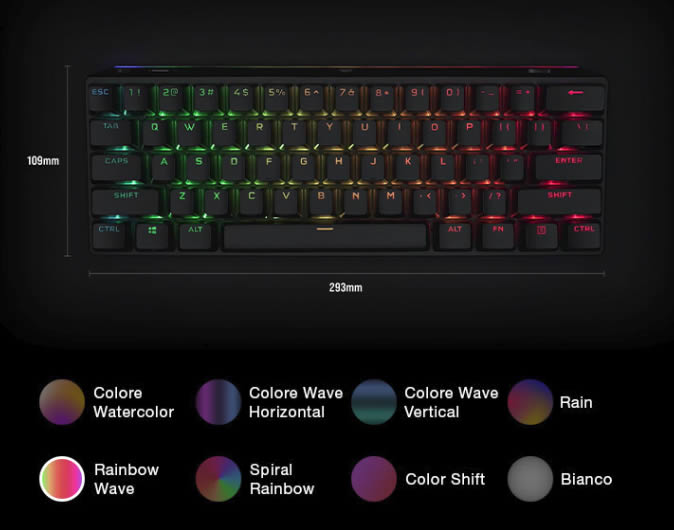 Corsair K70 PRO MINI WIRELESS RGB 60% effetti colore