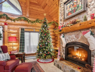Vista caminetto acceso ed albero di Natale addobbato nel soggiorno di Babbo Natale e moglie