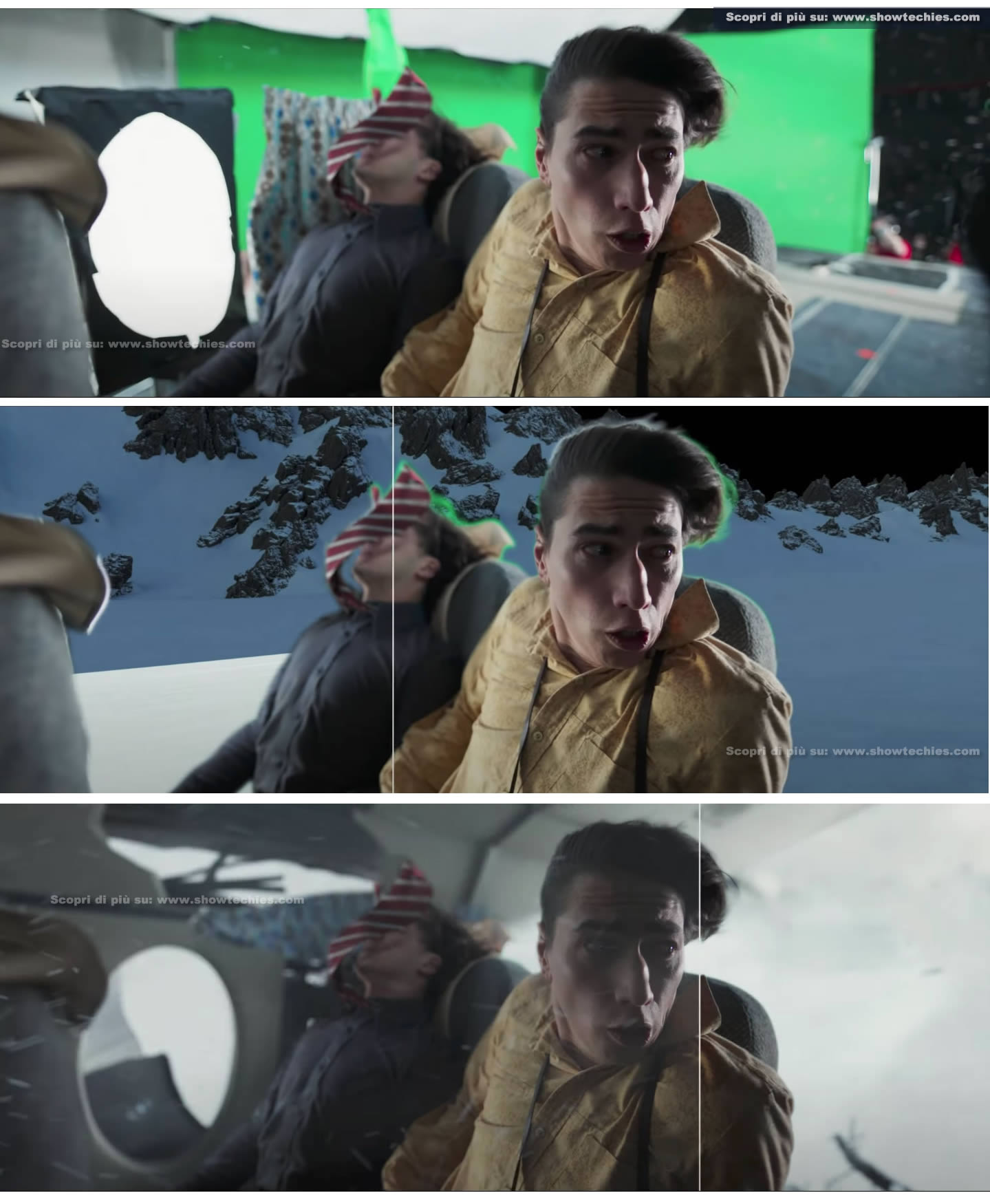 VFX con green screen in 3 set per primi piani attori durante disastro aereo, Società della Neve VFX