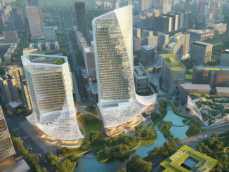 Vista aerea concept progetto vincitore del concorso di MVRDV per Tianfu Software Park - torre di 150 metri