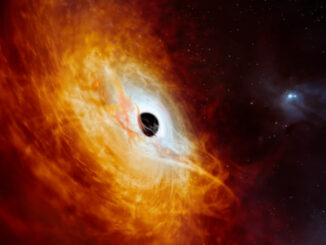 Rendering di un’immagine creata per simulare il nucleo luminoso di una lontana galassia alimentato da un buco nero supermassiccio.