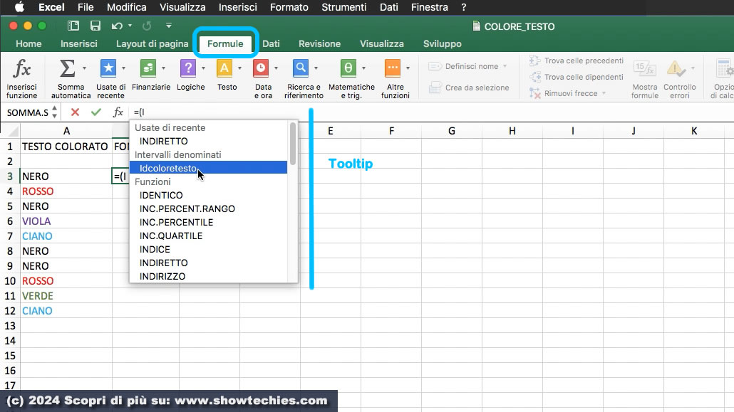 Finestra tooltip in Barra funzione con suggerimenti