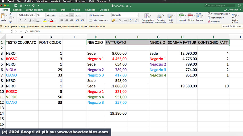 Esempio per contare e sommare celle in base a colore testo