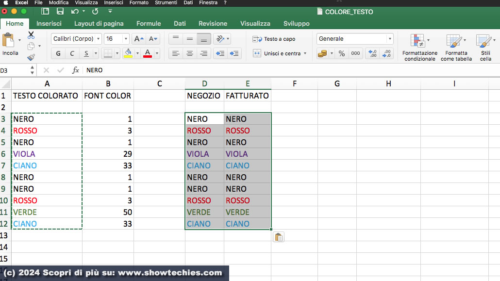 Copiamo colori Colonna A in D ed in E