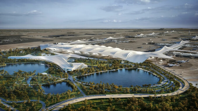 Vista esterna edificio aeroporto con struttura a forma di tenda