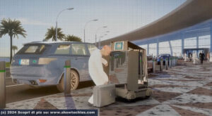Passeggero carica bagaglio in robot portabagaglio a riconoscimento facciale futuro DWC Dubai (illustrazione)
