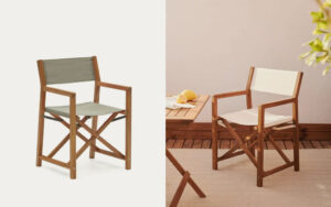 Sedia pieghevole, modello da regista, da esterno Thianna verde e beige in legno massello di acacia