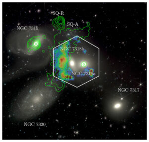 Dati WEAVE sovrapposti ad un'immagine del James Webb Space Telescope del Quintetto di Stephan