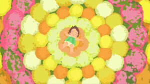 Amélie al centro di un mandala di fiori